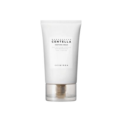 Skincare moisturizer bottle labeled SKIN1004 Madagascar Centella Soothing Cream, natural ingredients, soothing and hydrating formula