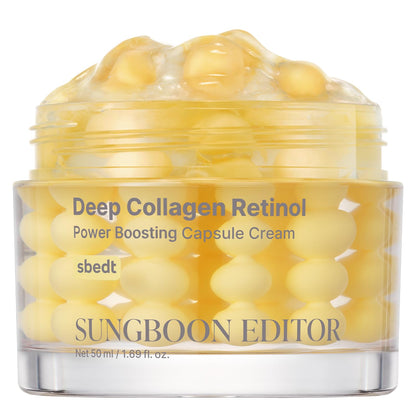 Sungboon Editor Deep Collagen Retinal Power Boosting Capsule Cream moisturizer in a jar, featuring a sleek design and rich cream texture.