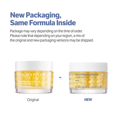 Sungboon Editor Deep Collagen Retinal Power Boosting Capsule Cream moisturizer in a jar, featuring creamy texture and collagen ingredients.