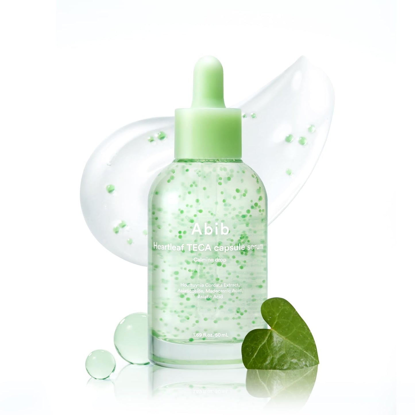Abib Heartleaf TECA Capsule Serum in a clear glass bottle with a dropper, designed for skincare and hydration.