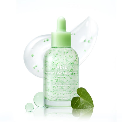 Abib Heartleaf TECA Capsule Serum in a clear glass bottle with a dropper, designed for skincare and hydration.