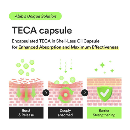 Abib Heartleaf TECA Capsule Serum in a glass dropper bottle, with capsules and herbal ingredients visible, for soothing skincare.