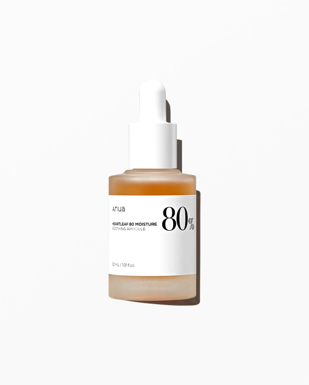 ANUA Heartleaf 80% Moisture Soothing Ampoule serum in a clear bottle, highlighting its hydrating and calming ingredients.