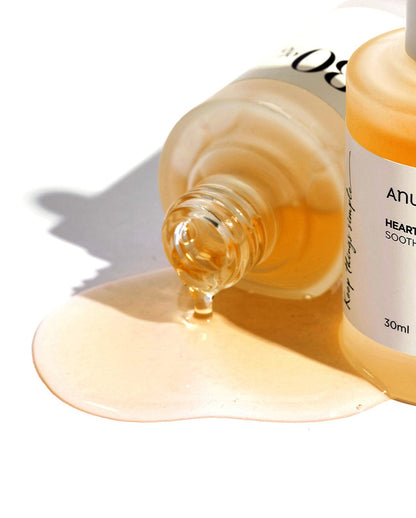 ANUA Heartleaf 80% Moisture Soothing Ampoule serum in a clear bottle with a dropper, designed for hydrating and calming skin.