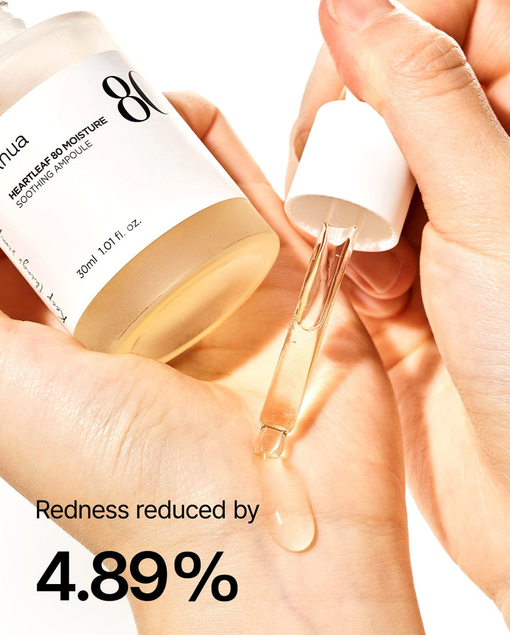 ANUA Heartleaf 80% Moisture Soothing Ampoule serum in a clear bottle with a dropper applicator, designed for hydrating and calming skin