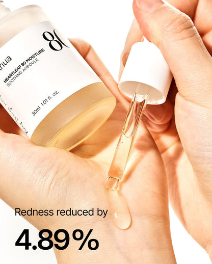 ANUA Heartleaf 80% Moisture Soothing Ampoule serum in a clear bottle with a dropper applicator, designed for hydrating and calming skin