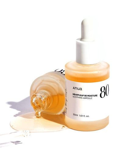 ANUA Heartleaf Moisture Soothing Ampoule serum in a clear glass bottle with a dropper, designed for hydrating and calming skin.