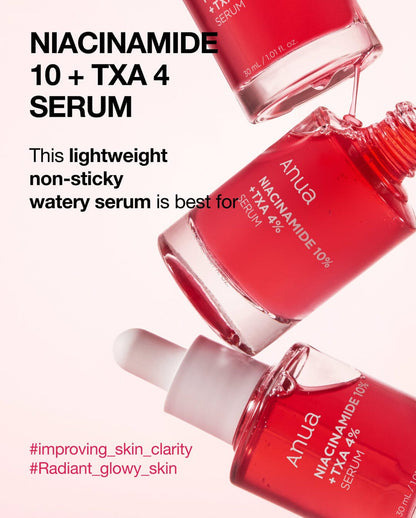 ANUA Niacinamide 10%+TXA 4% dark spot correcting serum in a sleek bottle, designed for brightening and evening skin tone