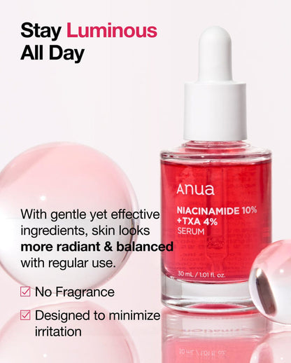 ANUA Niacinamide 10%+TXA 4% dark spot correcting serum bottle with dropper, designed for brightening and skin tone improvement.