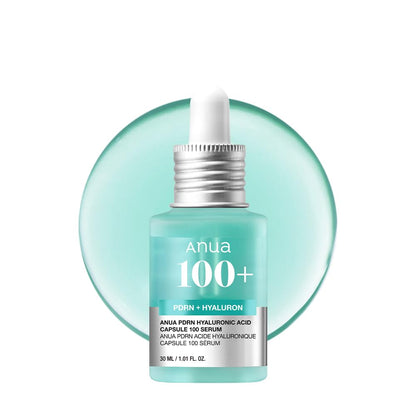 ANUA PDRN Hyaluronic Acid Capsule 100 Serum in a clear bottle with a dropper, showcasing the skincare serum for hydration and skin repair.