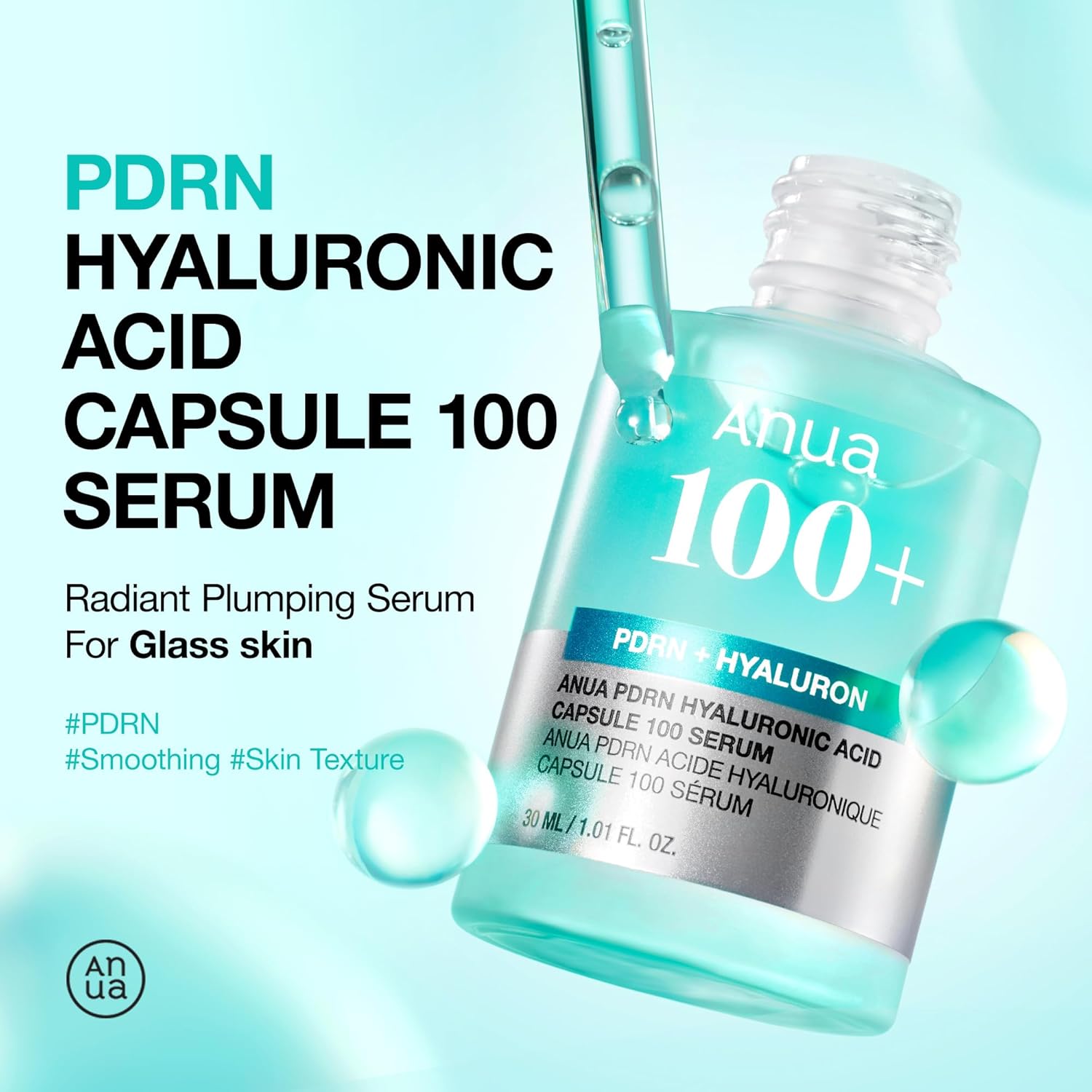 ANUA PDRN Hyaluronic Acid Capsule 100 Serum in a clear bottle with a dropper, displayed on a white background.