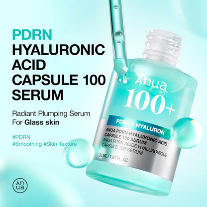 ANUA PDRN Hyaluronic Acid Capsule 100 Serum in a clear bottle with a dropper, displayed on a white background.
