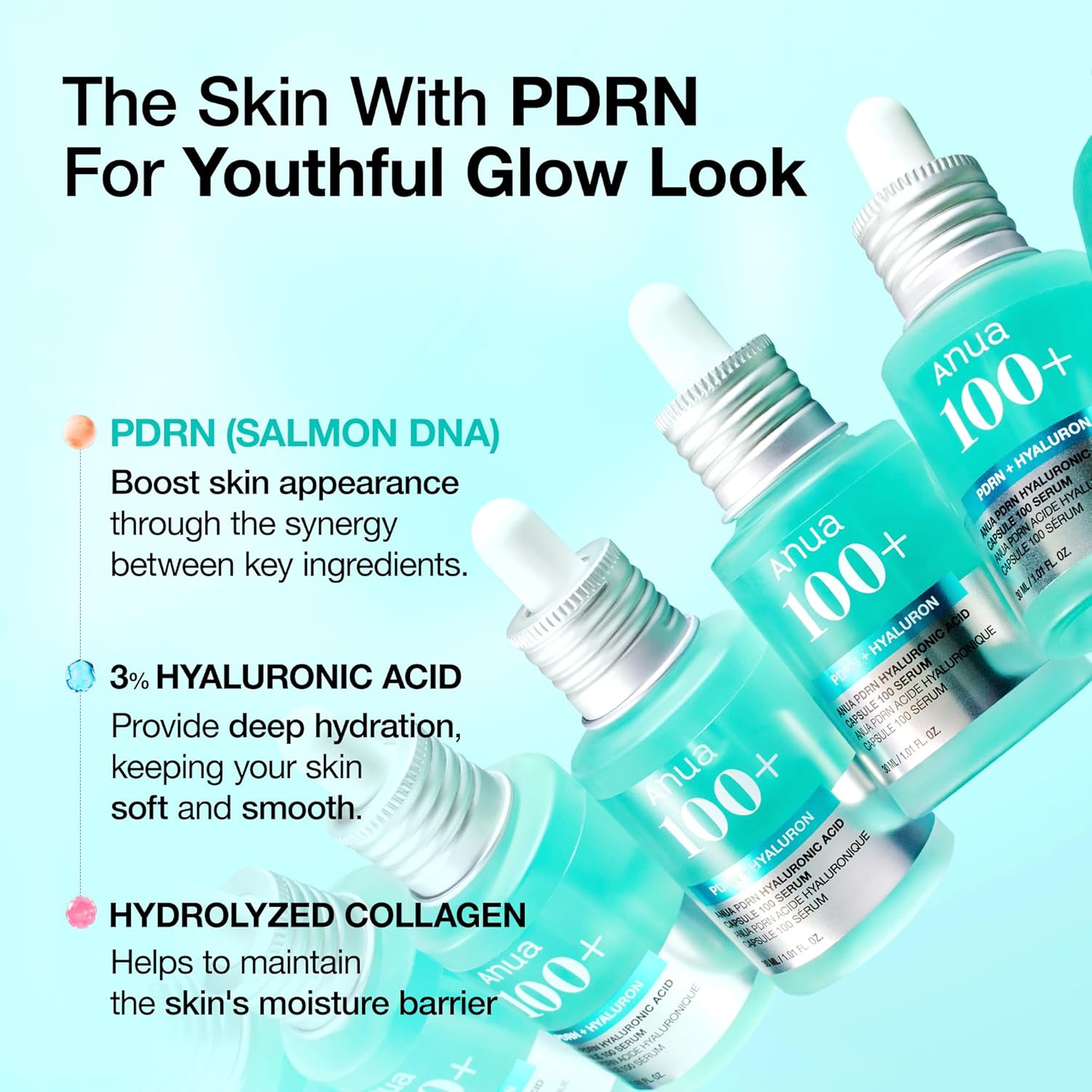 ANUA PDRN Hyaluronic Acid Capsule 100 Serum in a clear glass bottle, featuring a white dropper cap and label.
