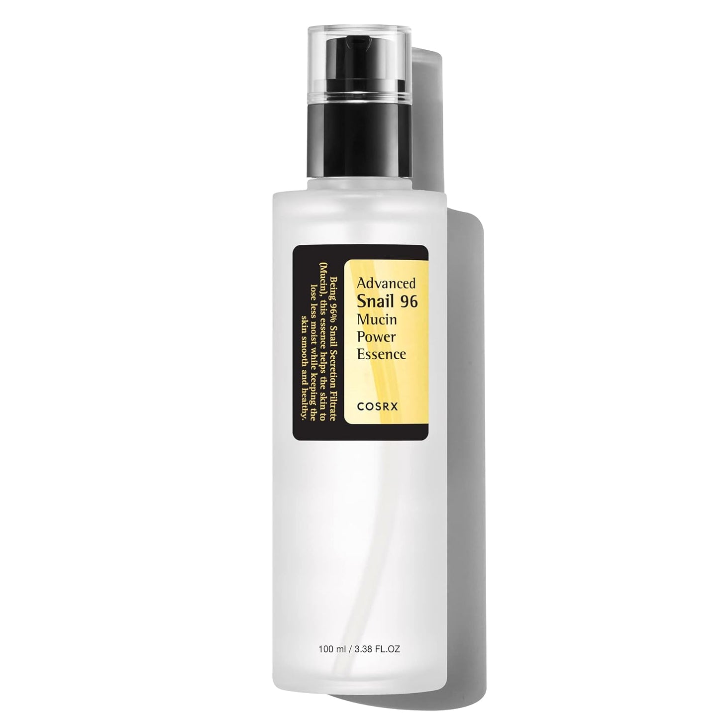 Cosrx Advanced Snail 96 Mucin Power Essence serum in a clear bottle, showcasing its nourishing and hydrating formula.