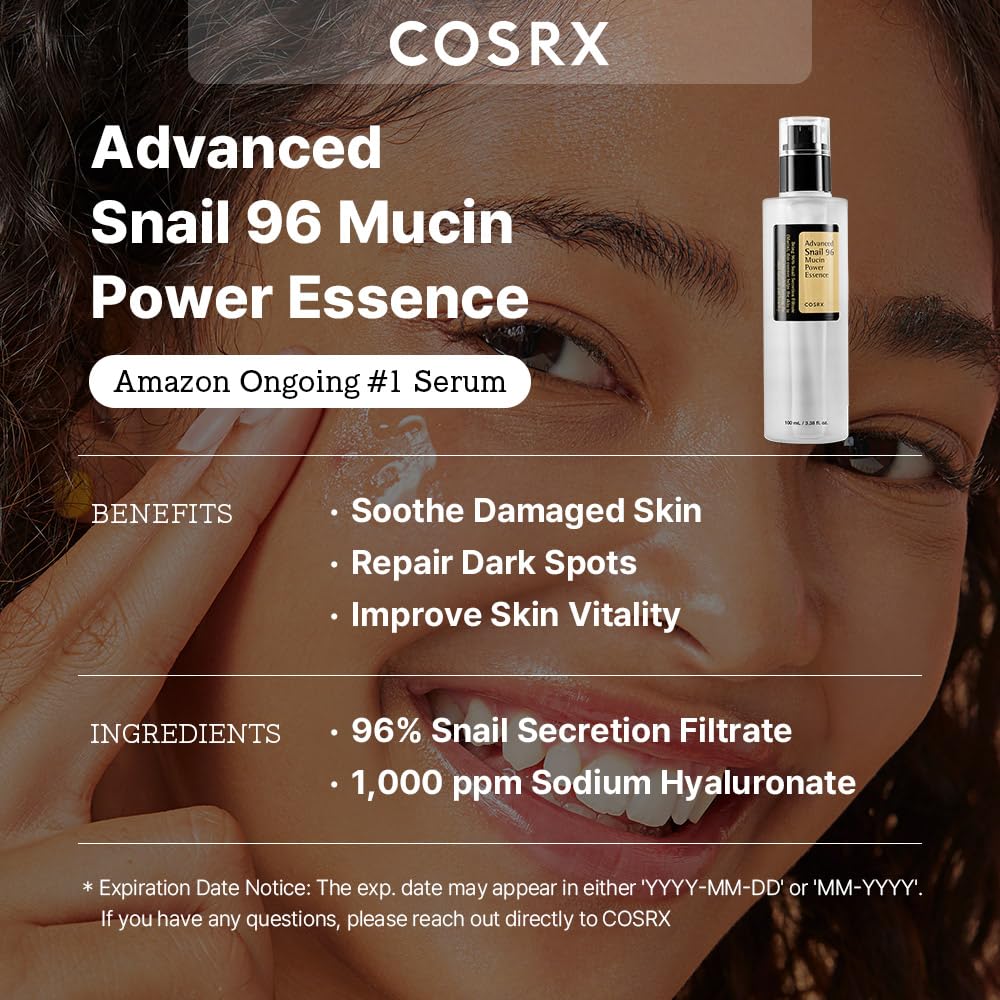Cosrx Advanced Snail 96 Mucin Power Essence serum in a clear bottle with a pump for hydrating skincare.