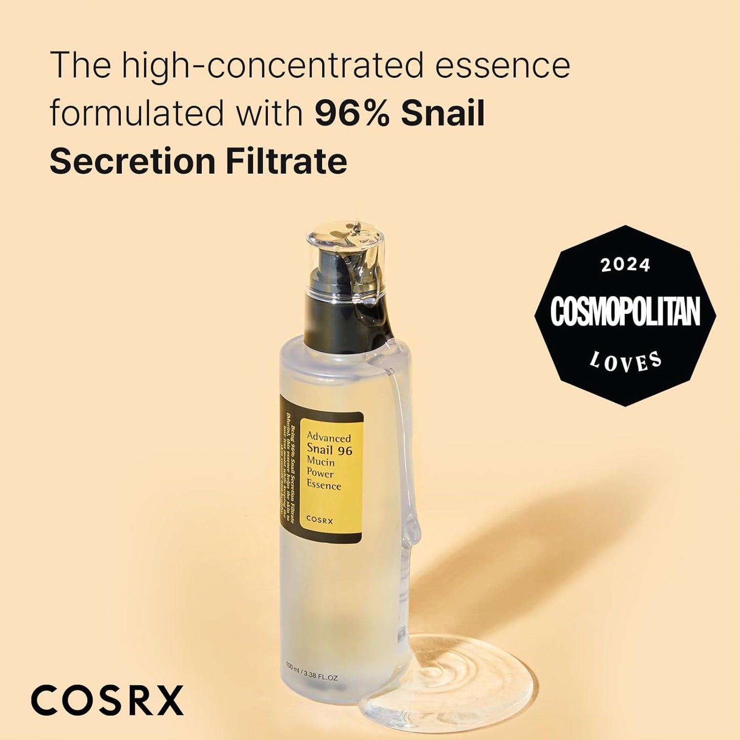 Cosrx Advanced Snail 96 Mucin Power Essence serum in a clear bottle with white pump, suitable for nourishing and hydrating skin.