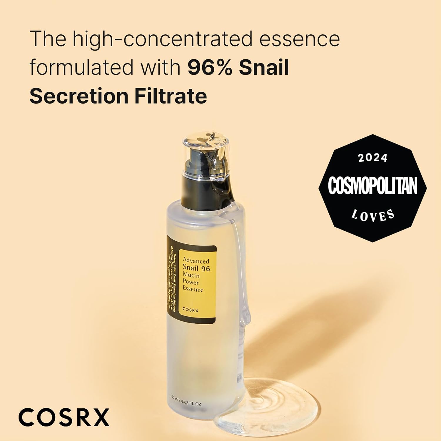 Cosrx Advanced Snail 96 Mucin Power Essence serum in a clear bottle with white pump, suitable for nourishing and hydrating skin.
