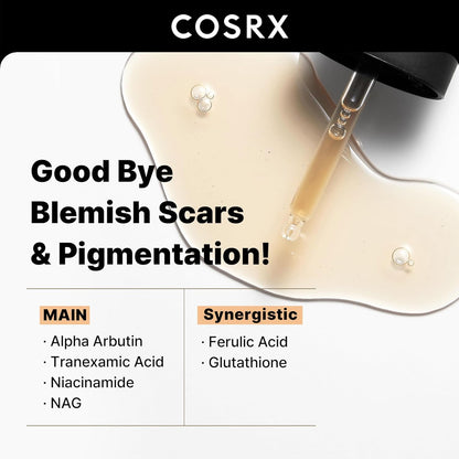 Cosrx Alpha-Arbutin 2 Discoloration Care serum for brightening and reducing dark spots, displayed in a clear bottle with a pump.