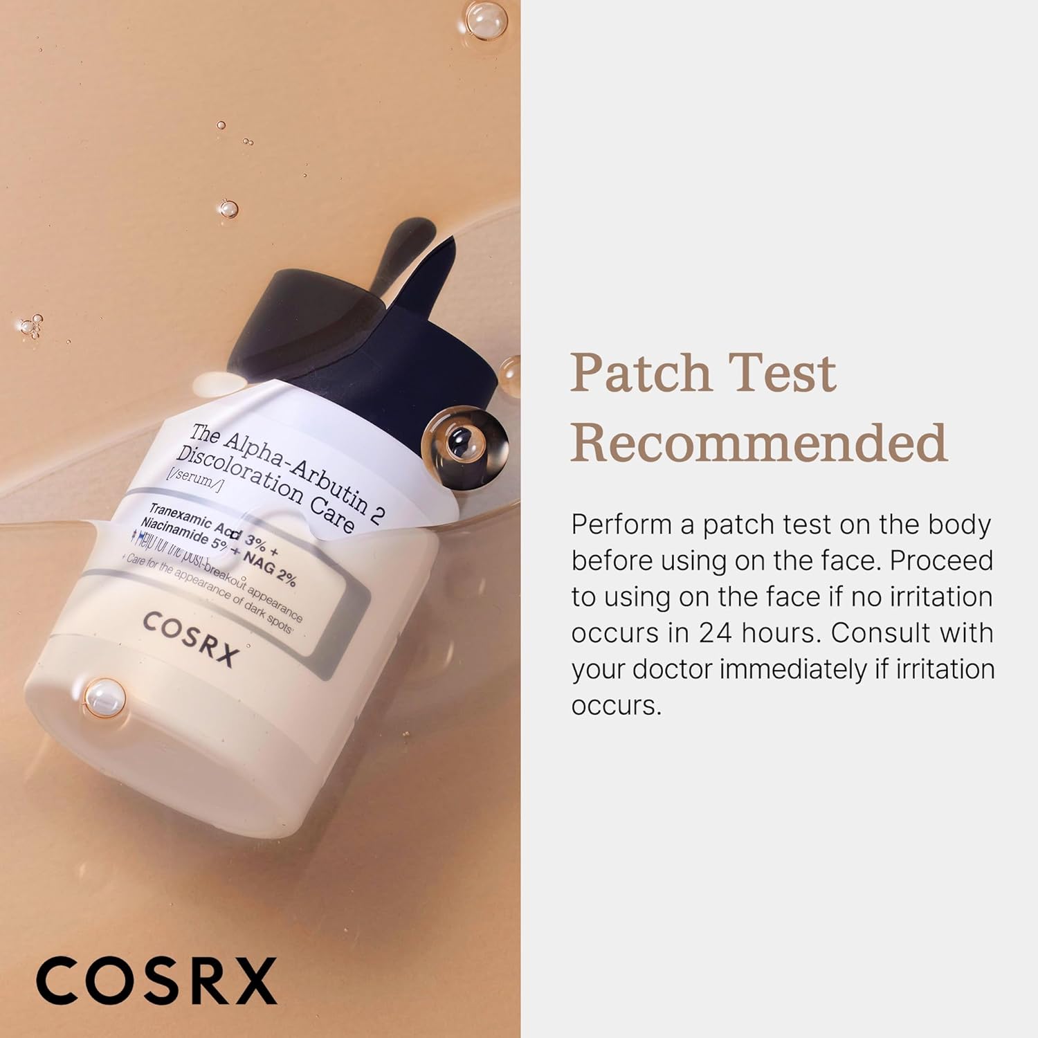 Cosrx Alpha-Arbutin 2 Discoloration Care serum for skin brightening and dark spot reduction, shown in a sleek dropper bottle.