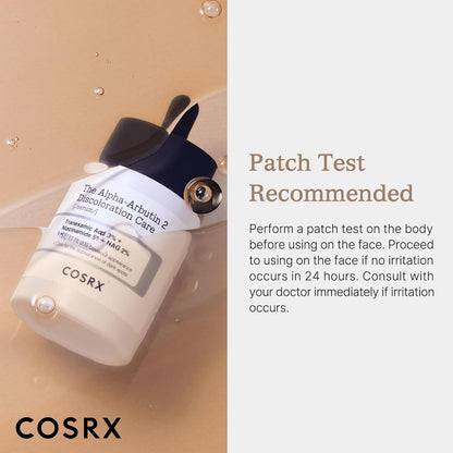 Cosrx Alpha-Arbutin 2 Discoloration Care serum for skin brightening and dark spot reduction, shown in a sleek dropper bottle.