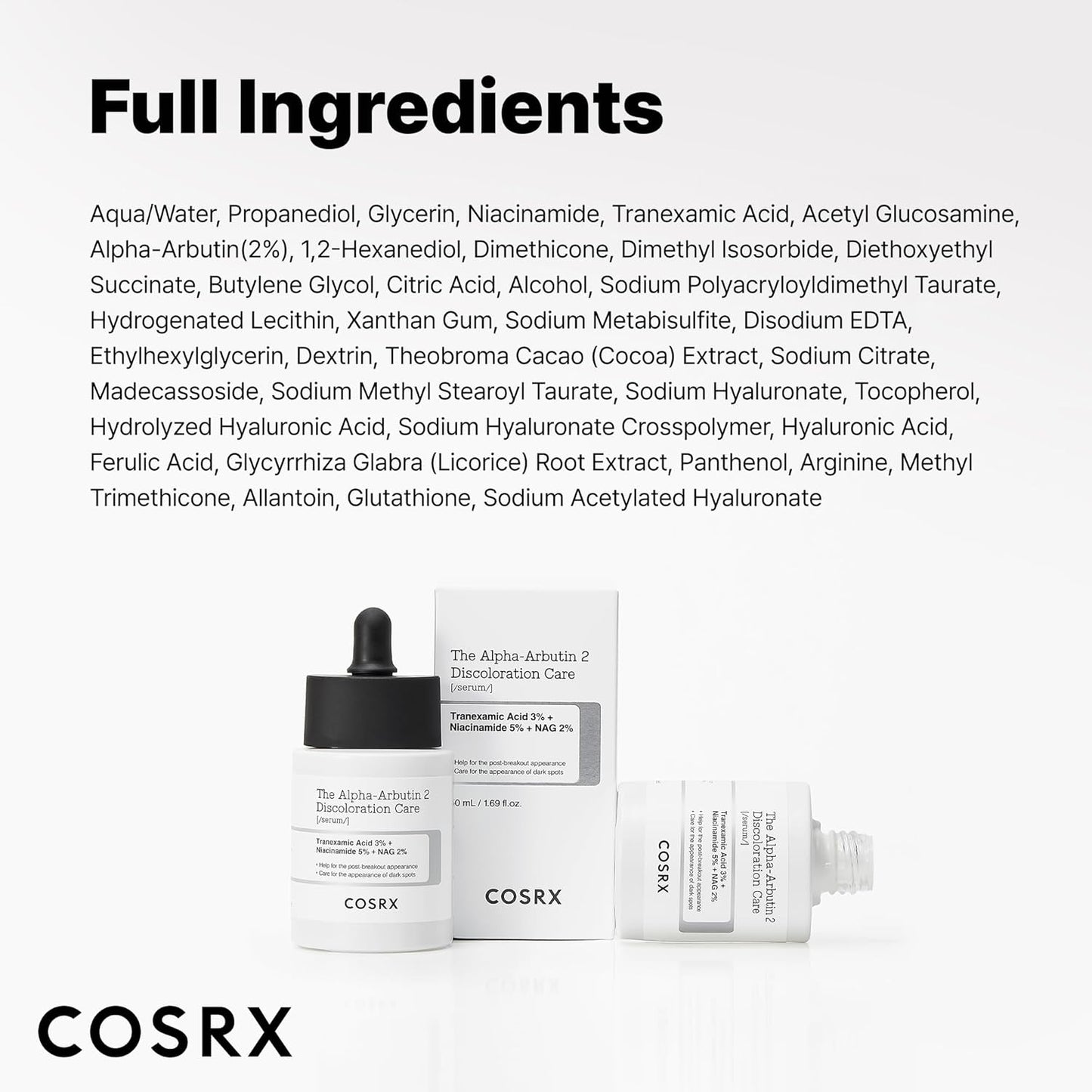 Cosrx Alpha-Arbutin 2 Discoloration Care Serum for brightening and skin tone evening, displayed in a clear glass bottle.