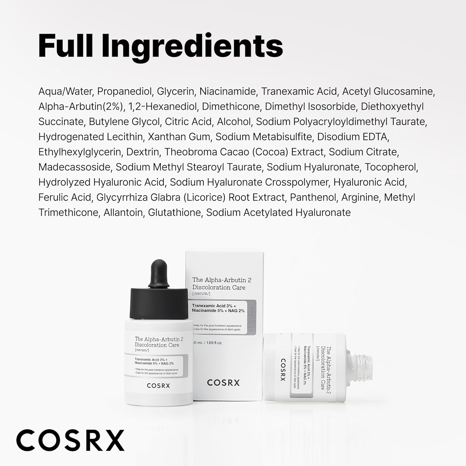 Cosrx Alpha-Arbutin 2 Discoloration Care Serum for brightening and skin tone evening, displayed in a clear glass bottle.