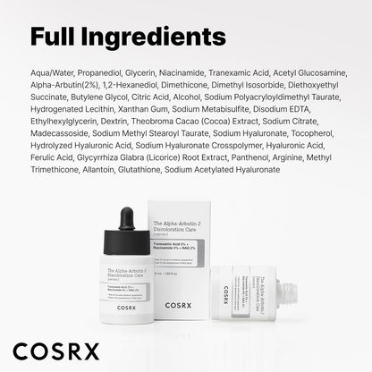 Cosrx Alpha-Arbutin 2 Discoloration Care Serum for brightening and skin tone evening, displayed in a clear glass bottle.