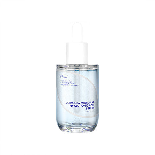 Isntree Ultra-Low Molecular Hyaluronic Acid Serum in a clear glass bottle, with dropper applicator, on a neutral background.