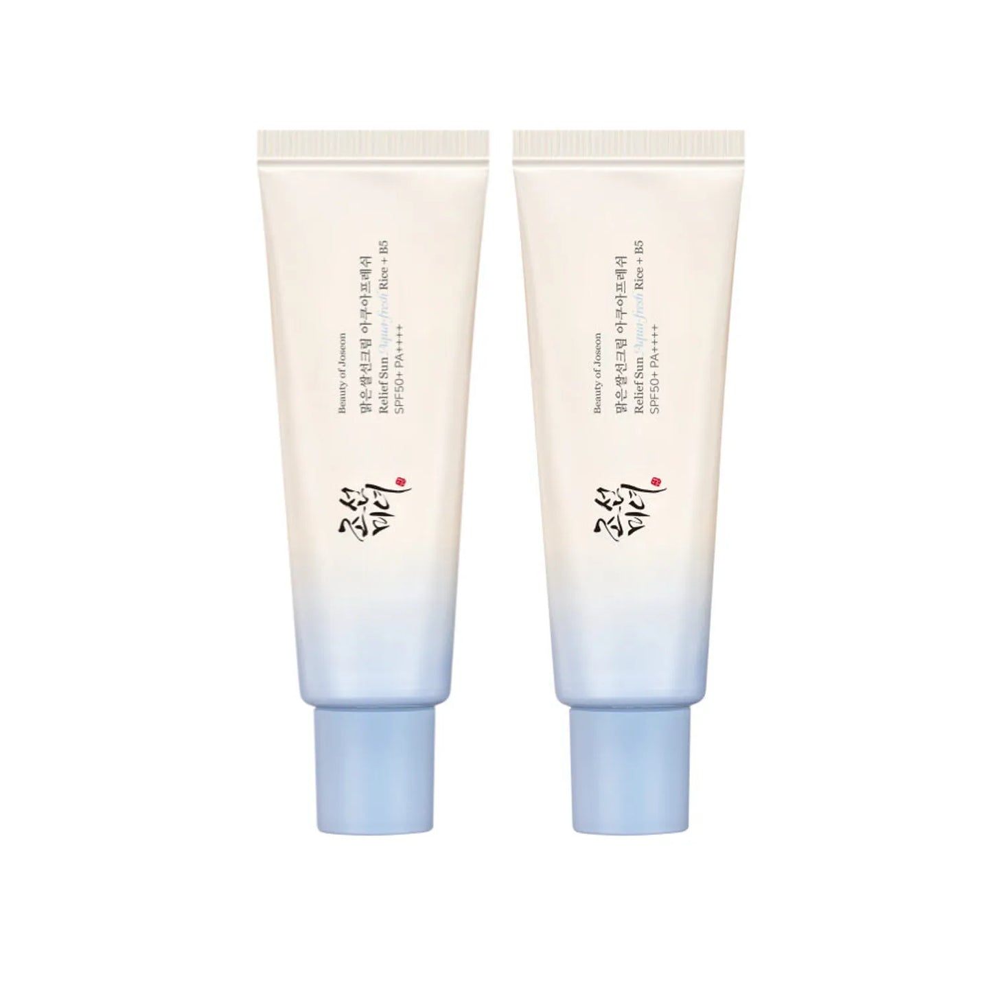 Beauty of Joseon Relief Sun Aqua-Fresh Rice + B5 SPF 50+ PA++++ sunscreen in a 2-pack, with bottles featuring white and blue packaging.