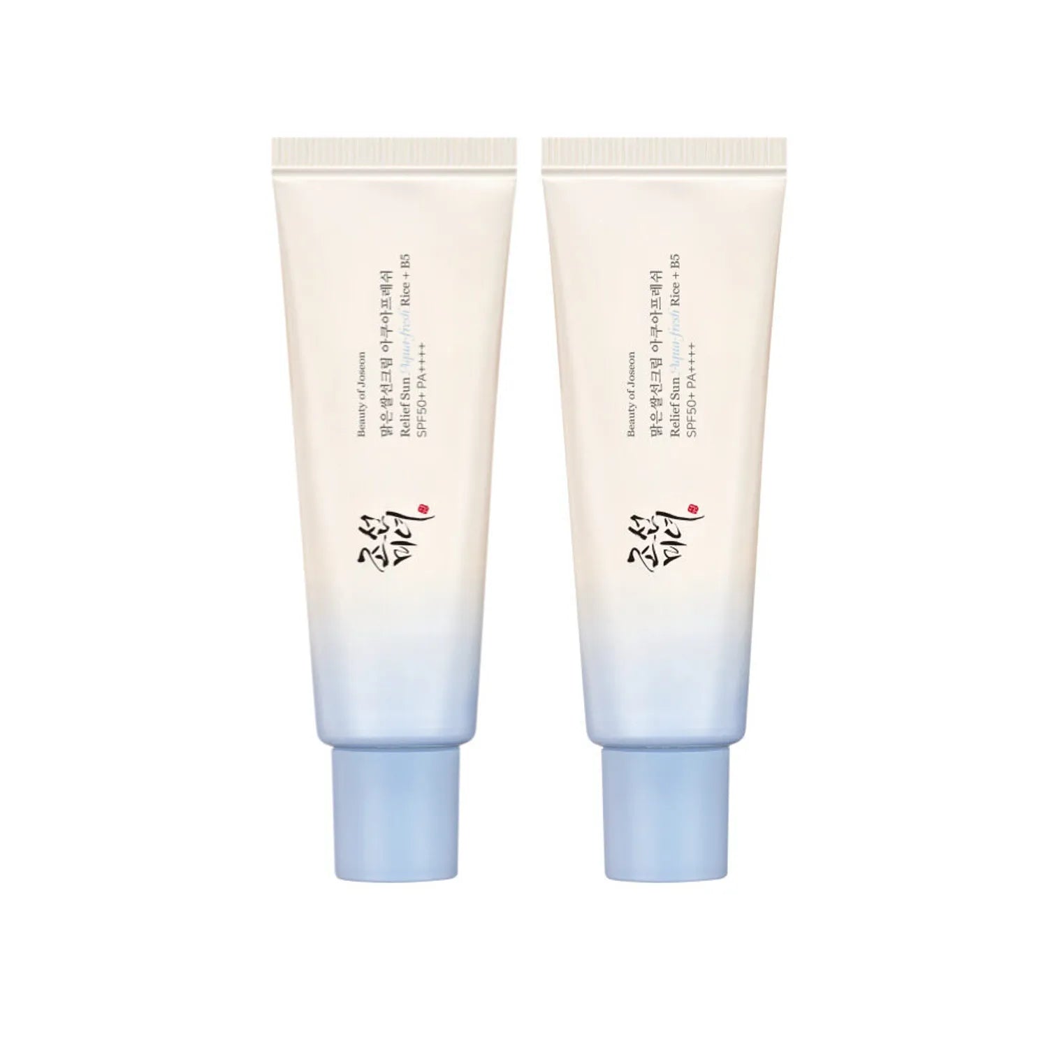 Beauty of Joseon Relief Sun Aqua-Fresh Rice + B5 SPF 50+ PA++++ sunscreen in a 2-pack, with bottles featuring white and blue packaging.