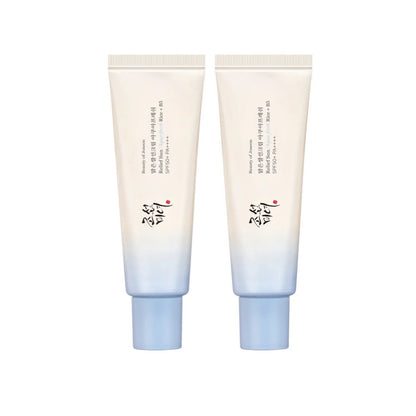 Beauty of Joseon Relief Sun Aqua-Fresh Rice + B5 SPF 50+ PA++++ sunscreen in a 2-pack, with bottles featuring white and blue packaging.