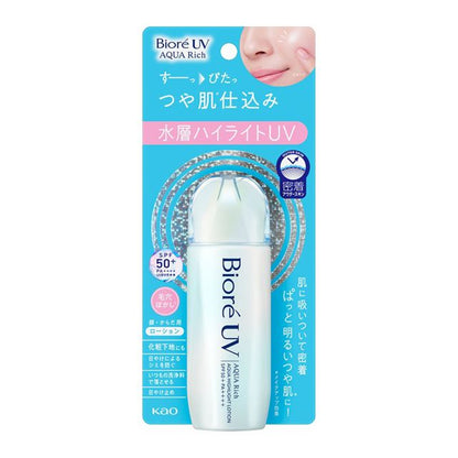 Biore UV Aqua Rich Aqua Highlight Lotion sunscreen with SPF 50+ PA++++, moisturizing sunscreen for radiant skin.