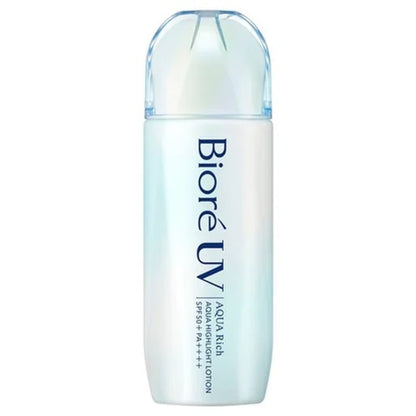 Biore UV Aqua Rich Aqua Highlight Lotion SPF 50+ PA++++ sunscreen bottle with light, hydrating formula, suitable for daily use.