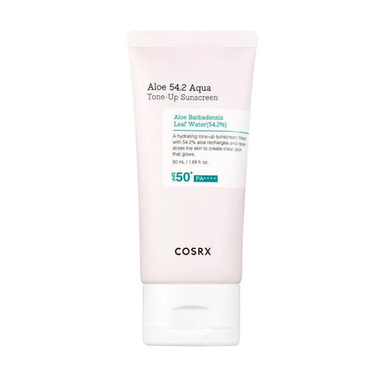 Cosrx Aloe 54.2 Aqua Tone-Up Sunscreen SPF50+ PA++++, a lightweight sunscreen with aloe for skin protection and a radiant finish.