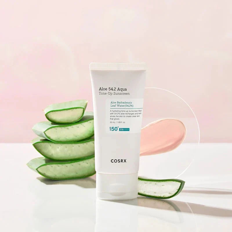 Cosrx Aloe 54.2 Aqua Tone-Up Sunscreen SPF50+ PA++++, a lightweight sunscreen with aloe vera for hydration and sun protection.