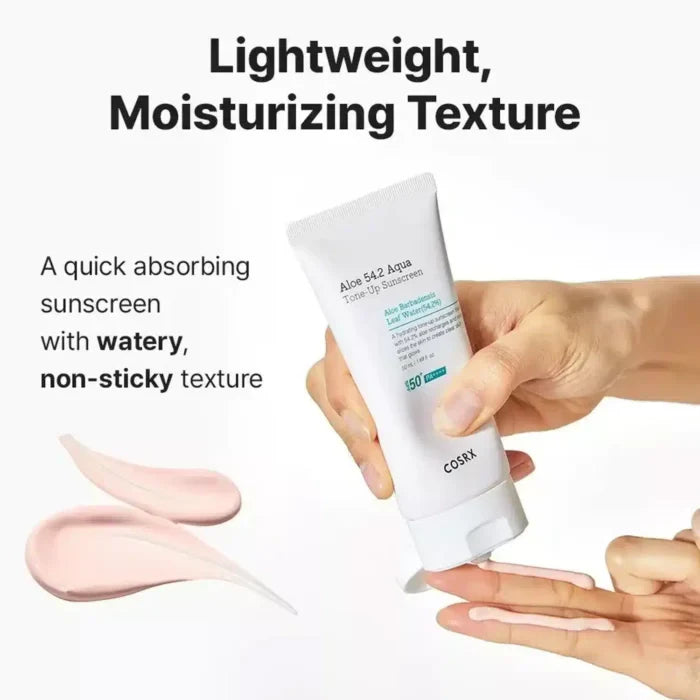Cosrx Aloe 54.2 Aqua Tone-Up Sunscreen SPF50+ PA++++, a lightweight sunscreen with aloe for brightening and sun protection.