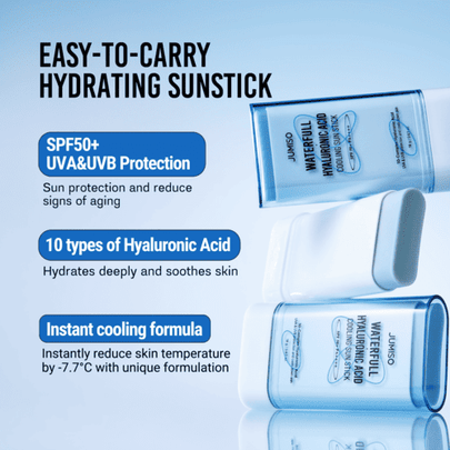 JUMISO Waterfull Hyaluronic Acid Cooling Sun Stick SPF50+ PA++++, a skincare sunscreen stick with hydrating and cooling effects.