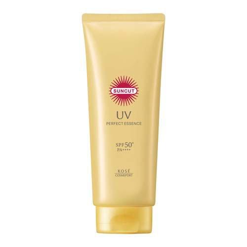 Kose Suncut UV Perfect Essence sunscreen SPF 50+ PA++++, water-resistant, 120g bottle, ideal for sun protection with lightweight formula