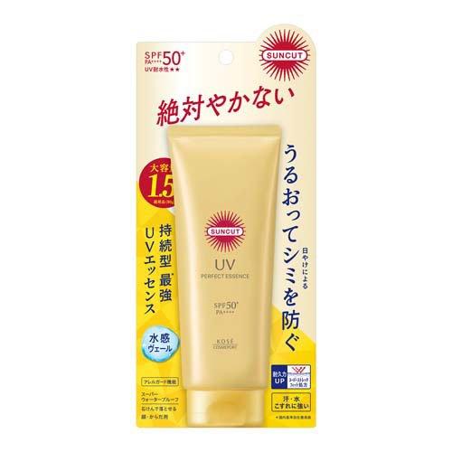 Kose Suncut UV Perfect Essence water-proof SPF 50+ PA++++ sunscreen bottle, 120g, with clear label and pump dispenser.
