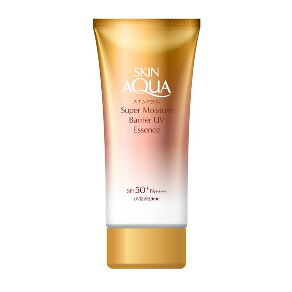 Rohto Skin Aqua Super Moisture Barrier UV Essence SPF 50+ PA++++ sunscreen bottle with blue and white packaging.