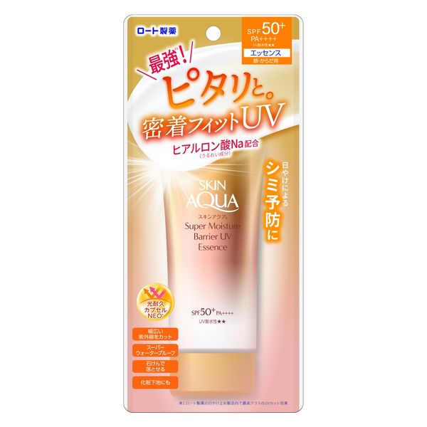 Rohto Skin Aqua Super Moisture Barrier UV Essence SPF 50+ PA++++ sunscreen bottle with a sleek design, suitable for daily skin protection