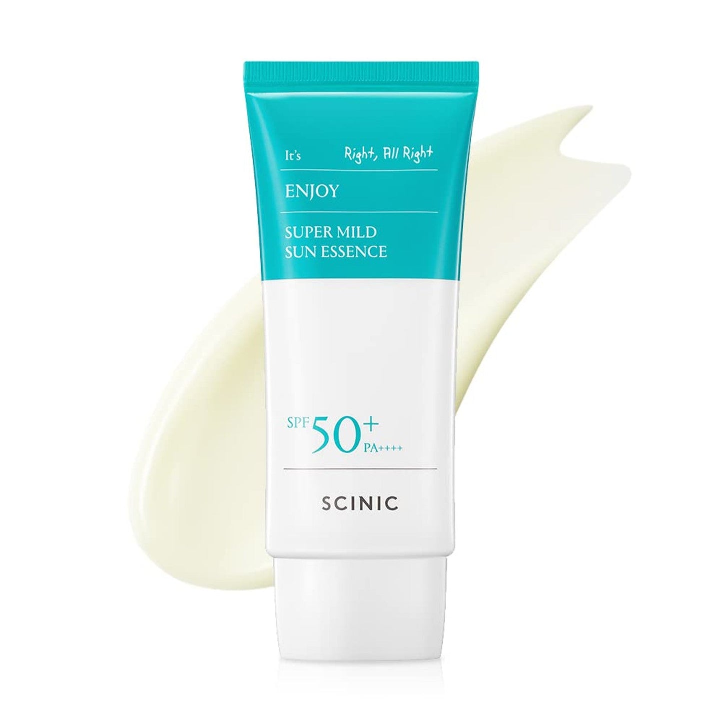 SCINIC Enjoy Super Mild Sun Essence SPF 50+ PA++++ sunscreen bottle with the product label and pump dispenser.