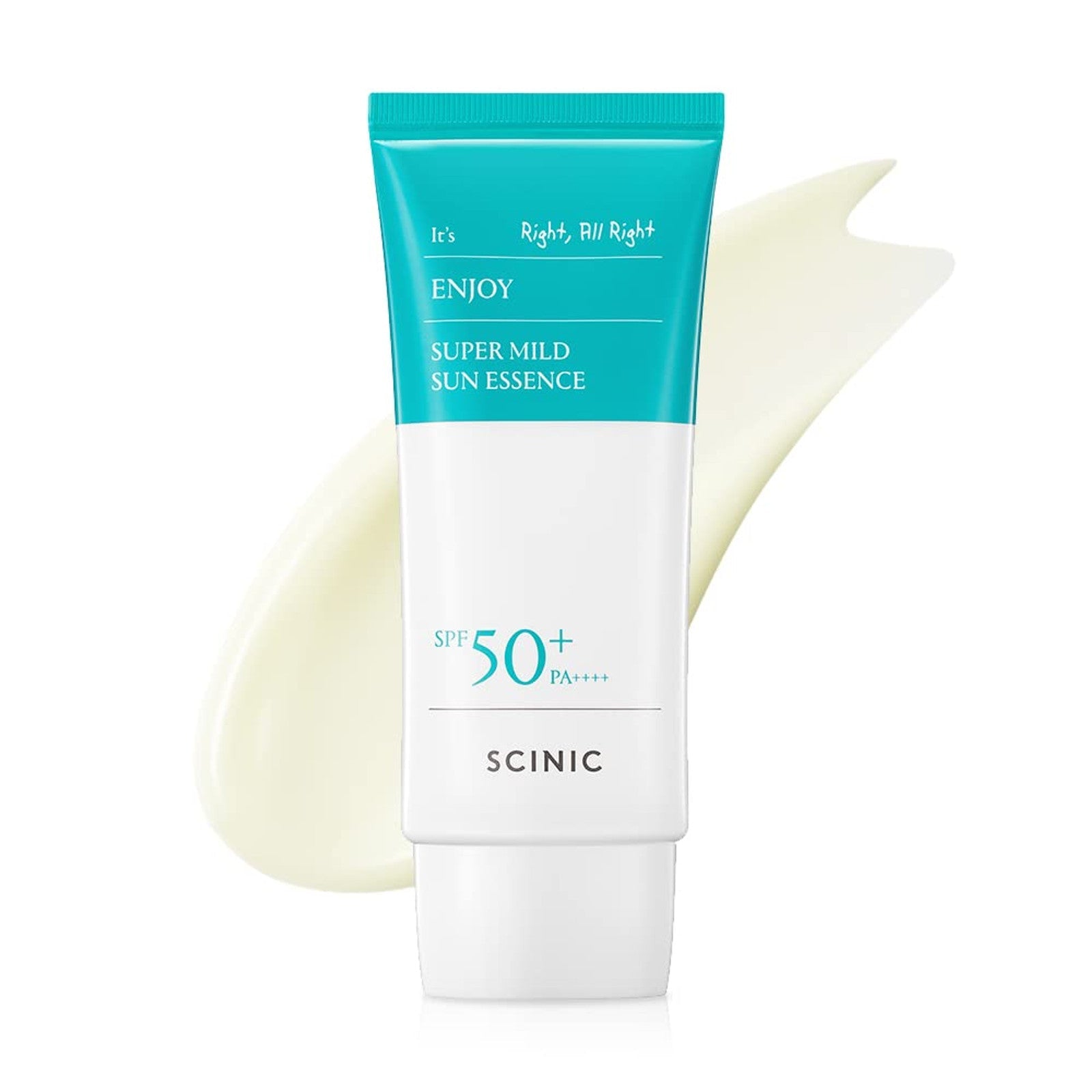 SCINIC Enjoy Super Mild Sun Essence SPF 50+ PA++++ sunscreen bottle with the product label and pump dispenser.