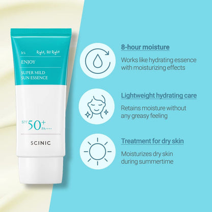 SCINIC Enjoy Super Mild Sun Essence SPF 50+ PA++++ sunscreen bottle with pump dispenser, lightweight and moisturizing sun protection.
