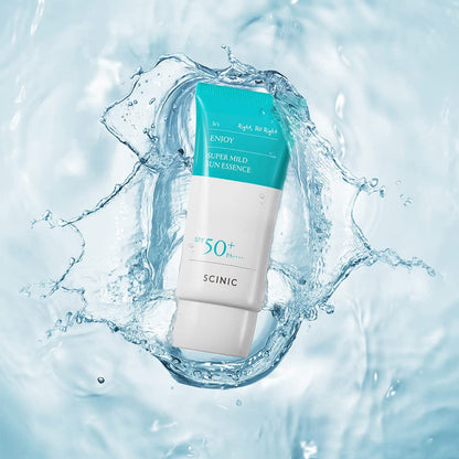 SCINIC Enjoy Super Mild Sun Essence SPF 50+ PA++++ sunscreen tube with white and blue packaging, suitable for daily sun protection