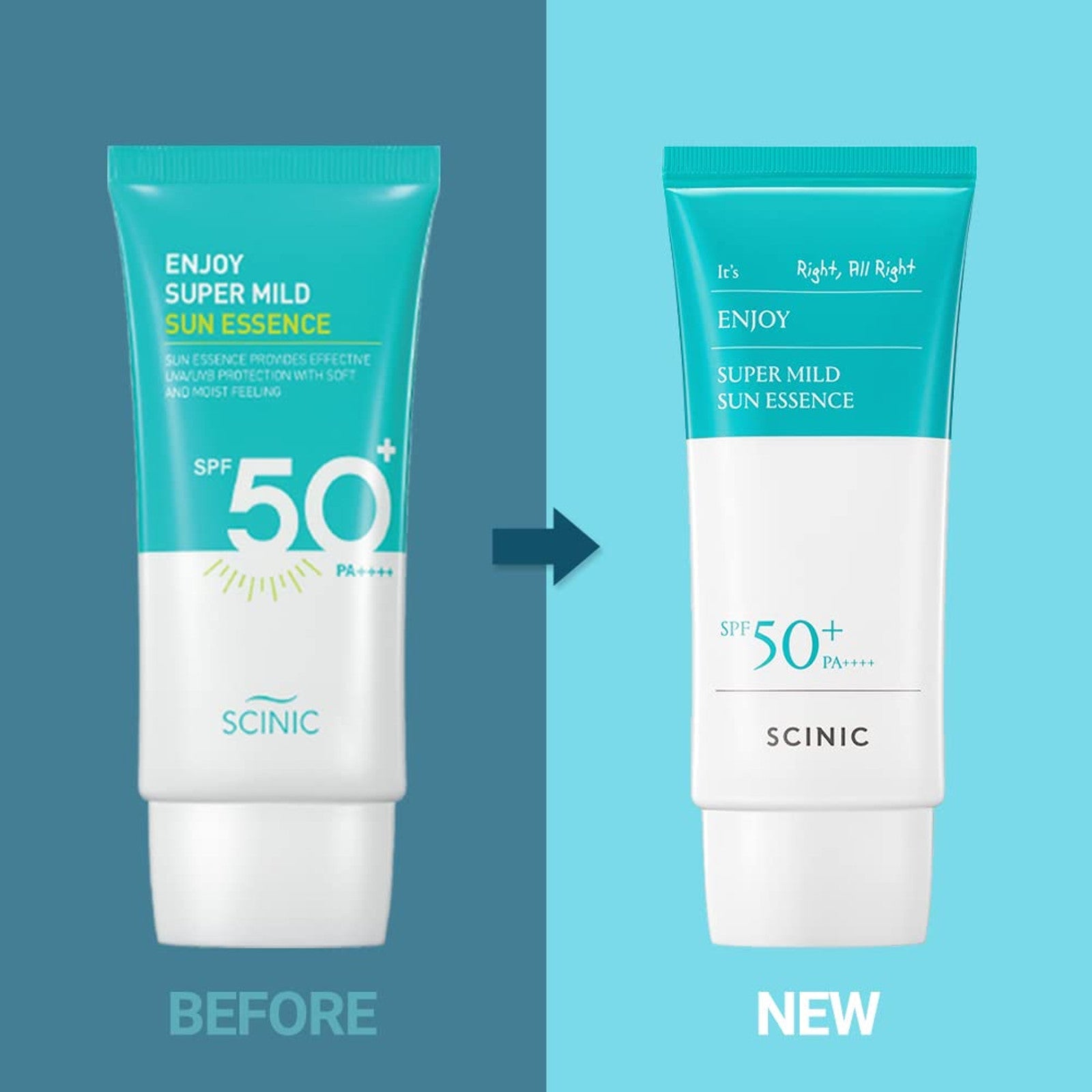 SCINIC Enjoy Super Mild Sun Essence SPF 50+ PA++++ sunscreen bottle with white and blue packaging, suitable for daily sun protection.
