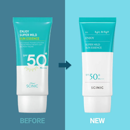 SCINIC Enjoy Super Mild Sun Essence SPF 50+ PA++++ sunscreen bottle with white and blue packaging, suitable for daily sun protection.