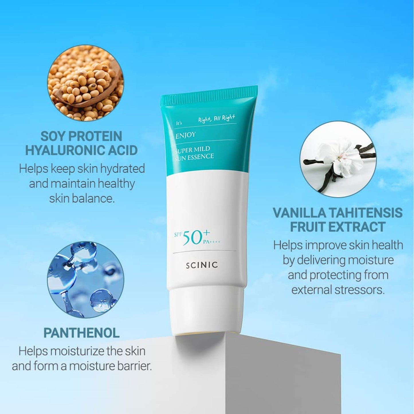 SCINIC Enjoy Super Mild Sun Essence SPF 50+ PA++++ sunscreen bottle with pump dispenser, lightweight and protective for face and skin.