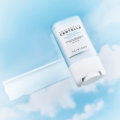 SKIN1004 Madagascar Centella Hyalu-Cica Silky-Fit Sun Stick SPF50+ PA++++ sunscreen in a white stick format with branding.