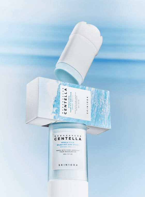 SKIN1004 Madagascar Centella Hyalu-Cica Silky-Fit Sun Stick SPF50+ PA++++, a lightweight sunscreen with centella and hyalu-cica ingredients.